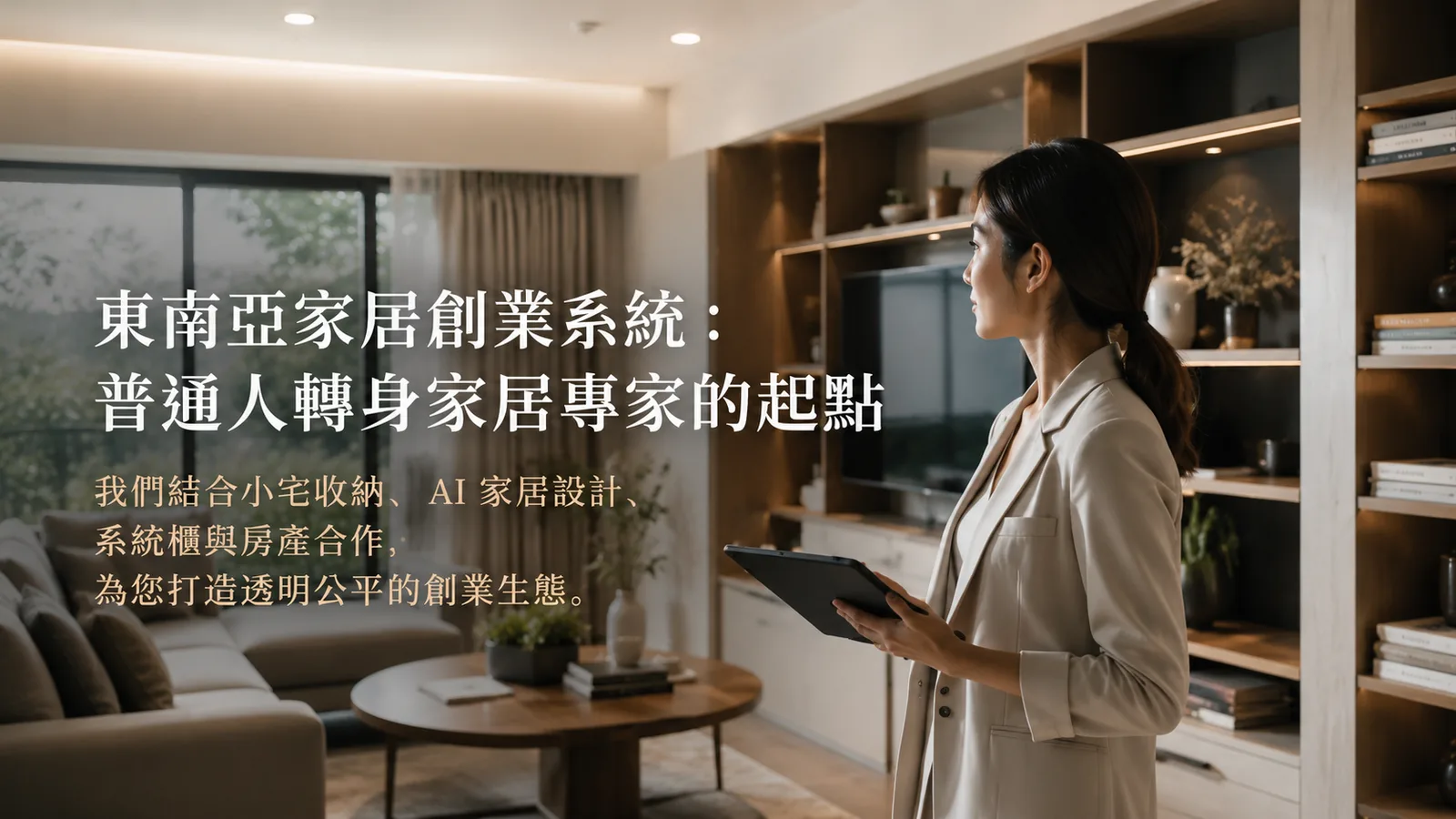 女性站在家居收納櫃前用平板規劃，圖上文字「東南亞家居創業系統：普通人轉身家居專家的起點」