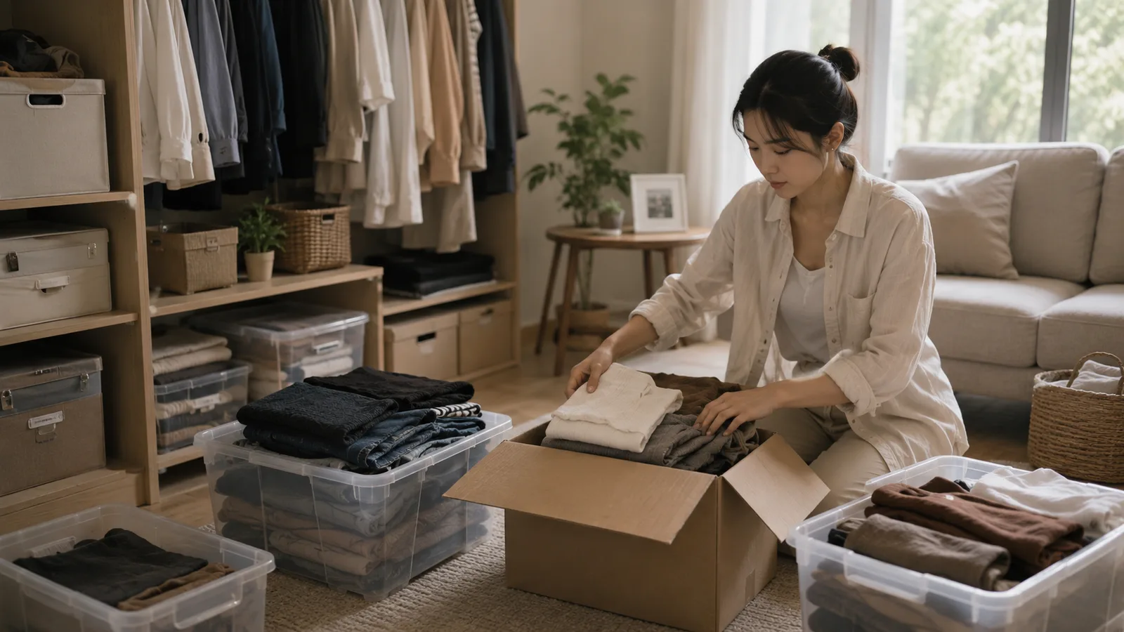 女性在家整理衣物與收納箱、準備打包出貨