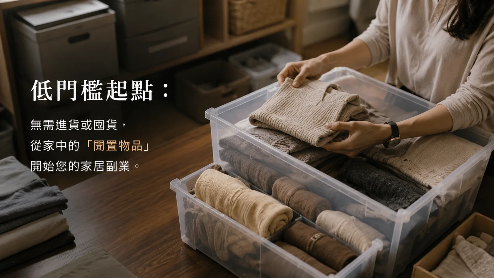 整理收納箱裡的閒置衣物，圖上文字「低門檻起點：無需進貨或囤貨，從家中的閒置物品開始您的家居副業」